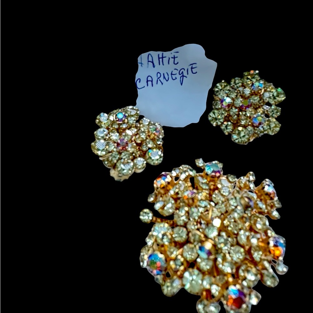 Hattie Carnegie Vintage Gold with AB Crystal Brooch and earring set